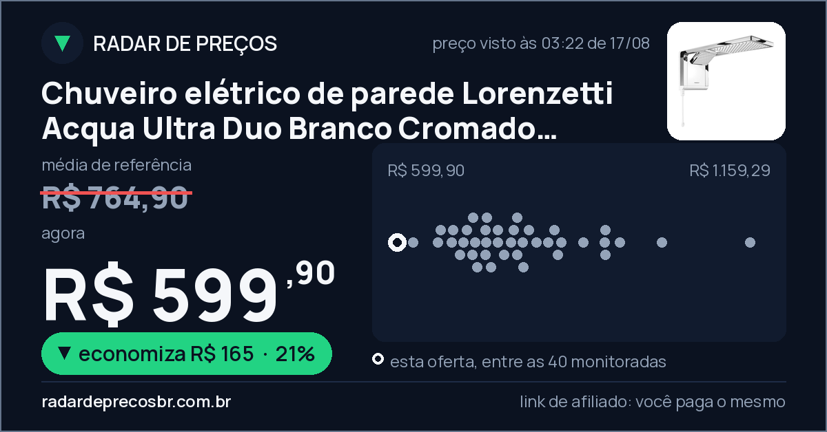 Chuveiro elétrico de parede Lorenzetti Acqua Ultra Duo Branco Cromado 6.8kW