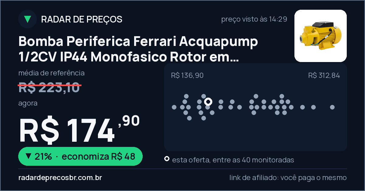 Bomba Periferica Ferrari Acquapump 1/2CV IP44 Monofasico Rotor em Bronze
