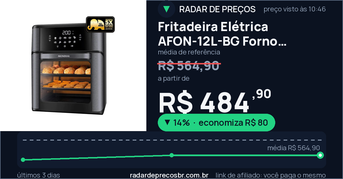 Fritadeira Elétrica AFON-12L-BG Forno Oven 12 Litros Preto Mondial