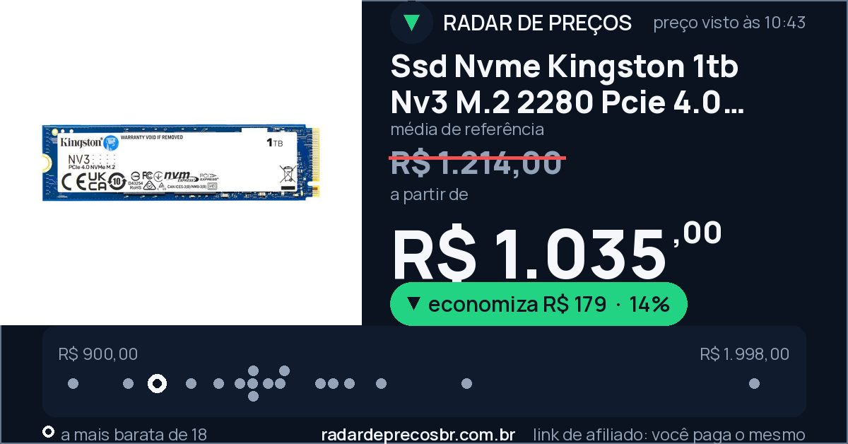 Ssd Nvme Kingston 1tb Nv3 M.2 2280 Pcie 4.0 Nf-e Cor Ssd Nvme M.2 2280 Kingston 1tb
