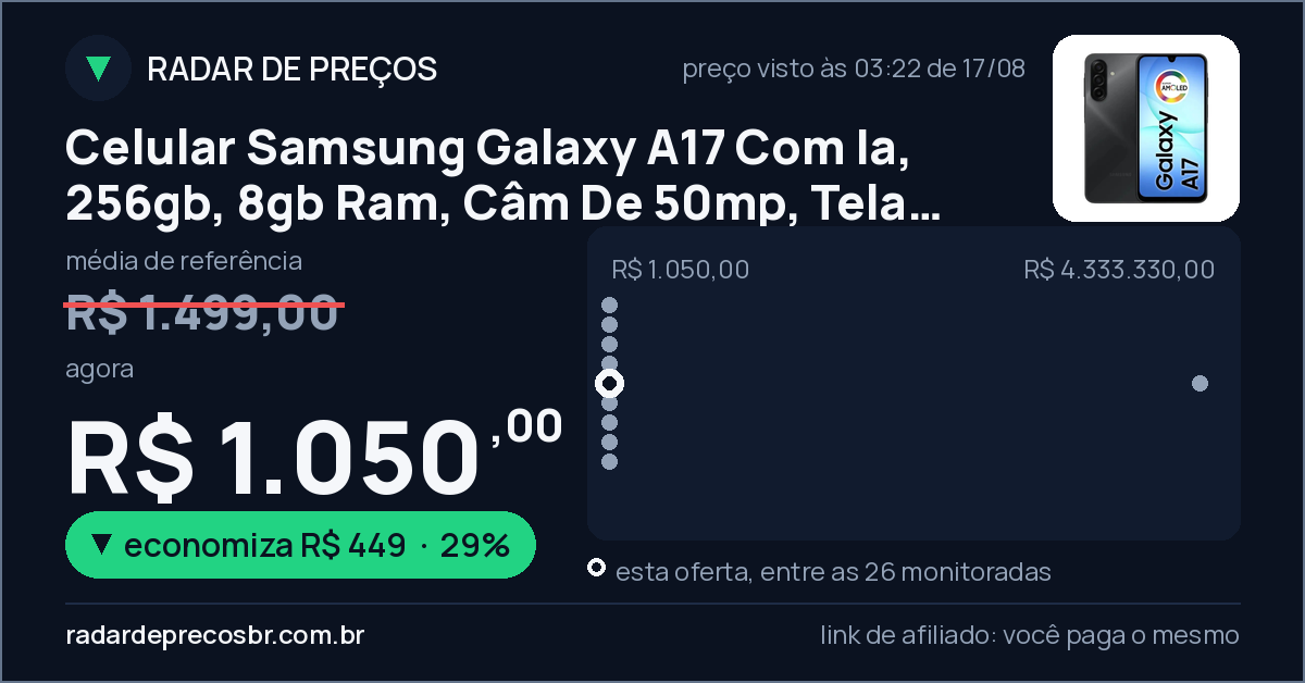 Celular Samsung Galaxy A17 Com Ia, 256gb, 8gb Ram, Câm De 50mp, Tela De 6.7 , Nfc, Ip54 - Preto 4G