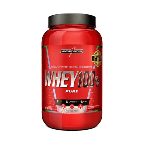 Whey 100% Pure Morango 900g Pote - BCAAs e Energia para Melhor Desempenho nos Exercícios