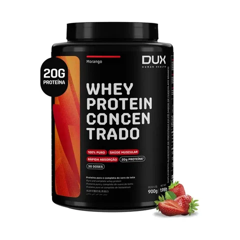 Whey Protein Concentrado DUX 900g Morango Proteína Pura Suplemento Muscular