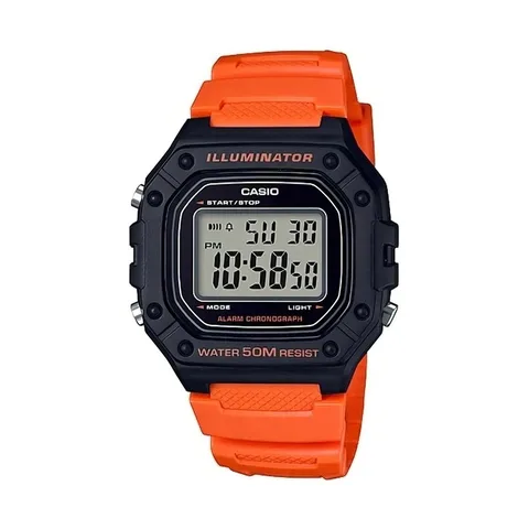 Relógio de pulso Casio Youth W-218h-4bvdf com corpo preto, digital, para masculino, fundo cinza, com correia de resina cor laranja, subdials de cor preto, ponteiro de minutos/segundos preto, bisel...