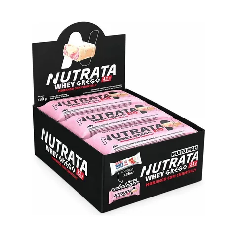 Barra Whey Grego 40g Display com 12 unidades Morango com Chantilly Nutrata