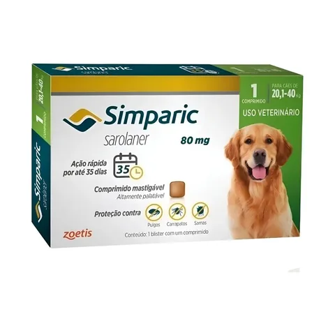 Simparic Caixa 1 Comprimido Cães 20 A 40 Kg 80 Mg Zoetis