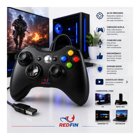 Controle Para Xbox 360 Com Fio USB e PC Preto Vibração Console Joystick Manete Gamer Gamepass Steam Windows Tv Pc Android Pc Controle Pc Gamer - Redfin