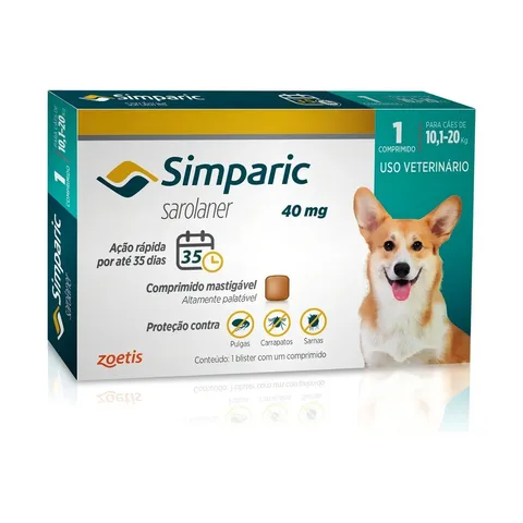 Simparic 1 Comp 40mg Pílula Antiparasitária Contra Pulgas