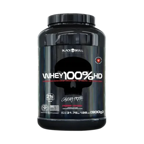 Whey 100% Hd Black Skull - 900g (wpc, Wpi E Wph) Caveira Pre Sabor Morango
