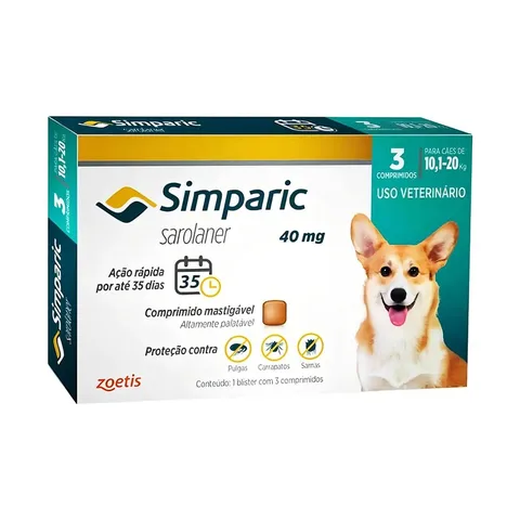 Simparic Comprimido Antiparasitário Cães 10-20kg Pulgas Carrapatos 3un