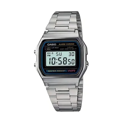 Relógio Casio Vintage A-158 Digital de Aço Inoxidável Prateado com Fundo Preto