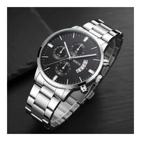 Relógio Masculino Aço Inox Quartz Minimalista Resistente A Agua Correia (ipx4) Prata Bisel Prata Fundo Preto
