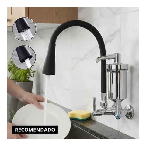 Torneira Cozinha Parede Com Filtro Tubo Flexível Chuveirinho Cone Preto