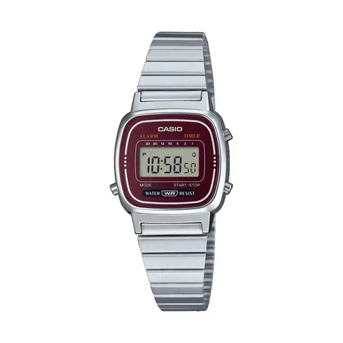 Relógio de pulso digital Casio LA670WA-4DF com corria de aço cor prateado - fondo bordô