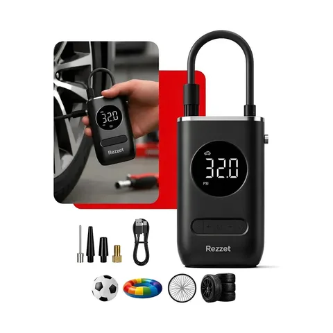Mini Compressor Digital Portátil para Carro Moto e Bicicleta com Calibrador Digital Inflador Elétrico de Pneus LCD Lanterna LED Compacto e Recarregável Preto Marca Rezzet