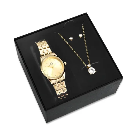 Kit Relógio Colar E Brincos Ponto De Luz Dourado Feminino Luxo Golden Saint Germain Presente Original Joias Elegante Clássico 28mm