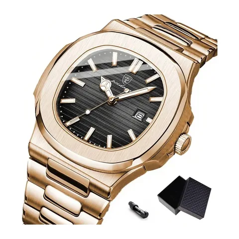 Relógio Analógico Poedagar Masculino, Aço Inoxidável Com Cat Rose-gold Preto