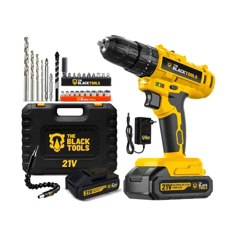 Parafusadeira Furadeira De Impacto A Bateria 21V 3/8” Bivolt 1400 Rpm Com Acessórios E Maleta TB-21PZW The Black Tools