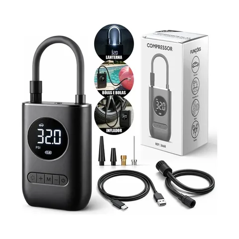 Mini Compressor de Ar Digital Portátil Recarregável USB-C Lumi para Pneus de Carro, Moto e Bicicleta Inflador Elétrico de Bolas e Infláveis Display LCD Alta Pressão Sem Fio Preto