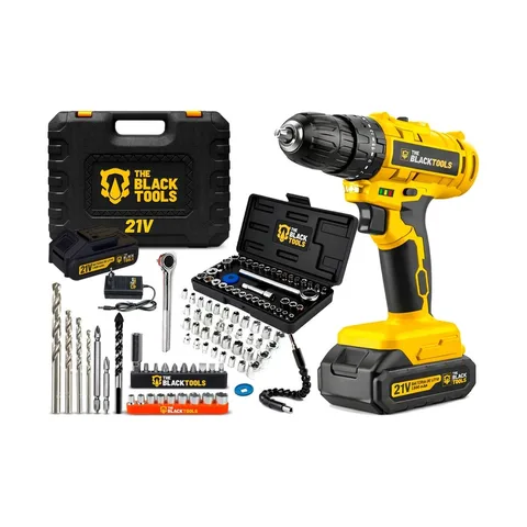Kit Furadeira Parafusadeira 21v 2 Baterias E Soquetes 40 Pçs Amarelo E Preto 60hz