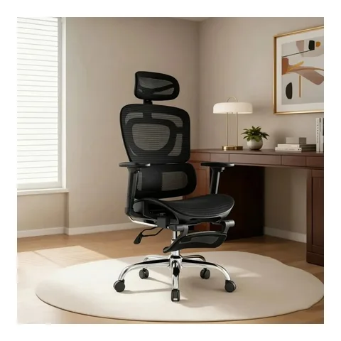Cadeira de Escritório Ergonômica Mesh com Apoio de Cabeça 3D, Apoio de Pés Retrátil, Suporte Lombar Ajustável, Inclinação 135°, Pistão Classe 4, Até 200kg cor preto