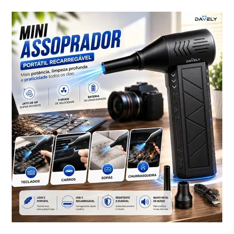 Mini Ventilador Soprador Ar Turbo 130000rpm Assoprador Sem Fio Recarregável Usb 3 Níveis Jato Forte Portátil Multiuso Limpeza Teclado Carro Acende Churrasqueira Davely