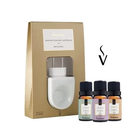 Kit Aromatizador Elétrico Original mais 3 Essências Via Aroma - Bamboo, Lavanda e Vanilla