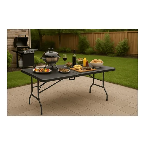 Mesa Dobrável Portátil De Plástico Que Vira Maleta Para Camping Praia Churrasco 180x74cm Preta