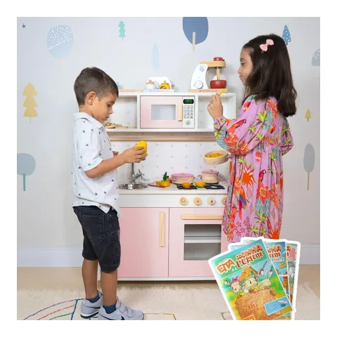 Cozinha Infantil Pia Fogão Microondas Madeira Rosa Bebê Faz de Conta Chef Brinquedo Pedagógico Kit Livro Educativo