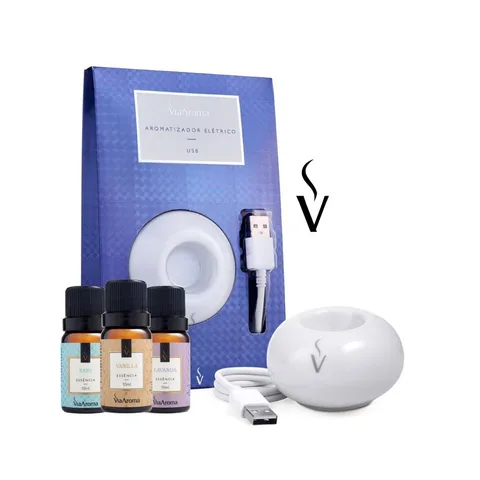 Kit Aromatizador USB + 3 Essências Via Aroma 10ml Baby Lavanda Vanilla